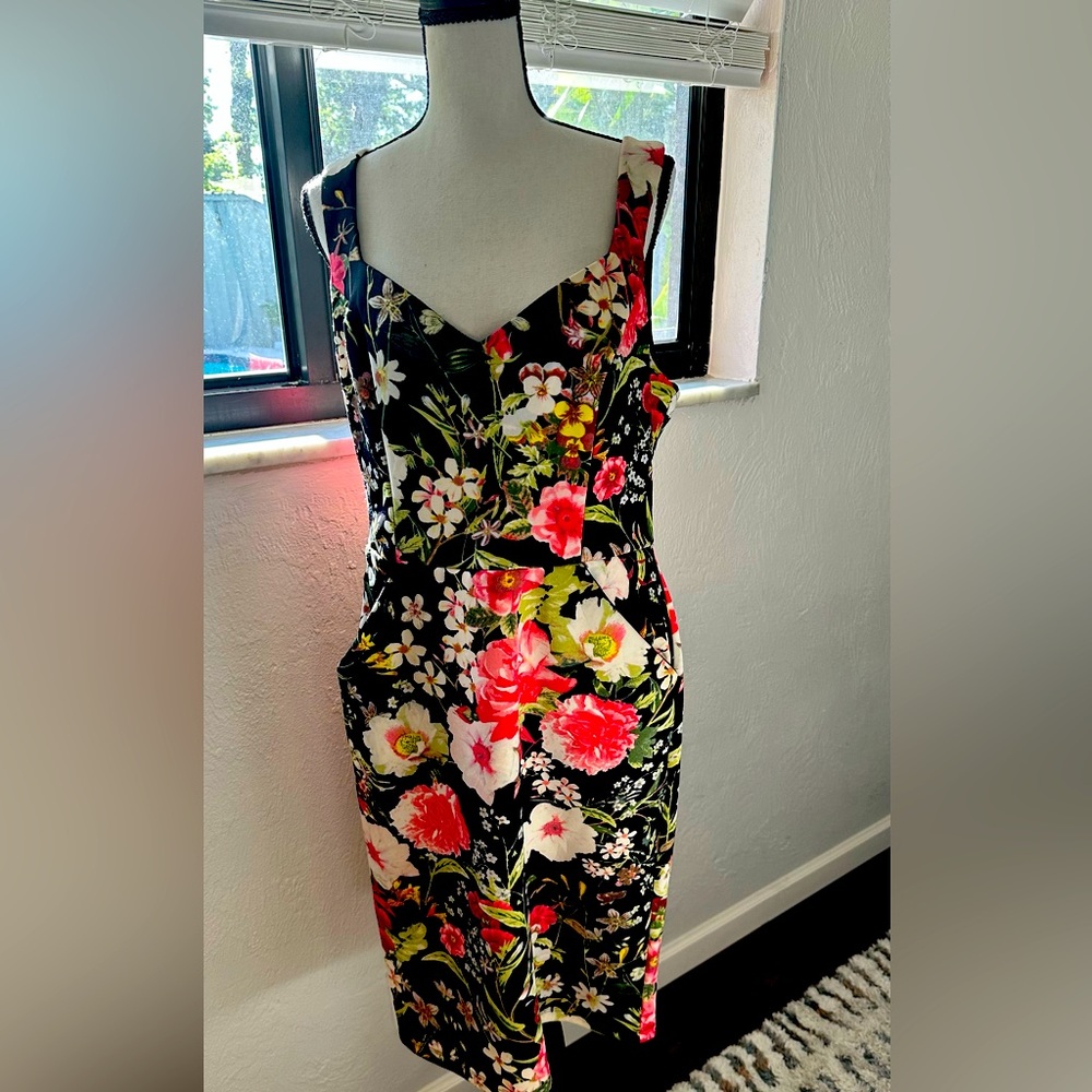 BISOU BISOU BLACK MULTI COLOR FLORAL SHEER BACK DRESS